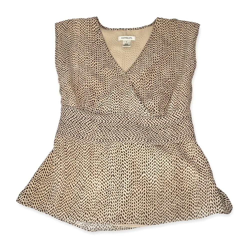 Harold's Womens Small 100% Silk Sleeveless Wrap Peplum Blouse Tan‎ Brow